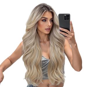 Nouvelle perruque en dentelle complète 13*6, style européen et américain, <span class=keywords><strong>dégradé</strong></span> doré, <span class=keywords><strong>cheveux</strong></span> longs <span class=keywords><strong>bouclés</strong></span>, grande surface, entièrement tissée à la main, réaliste pour femme - Product Image 1