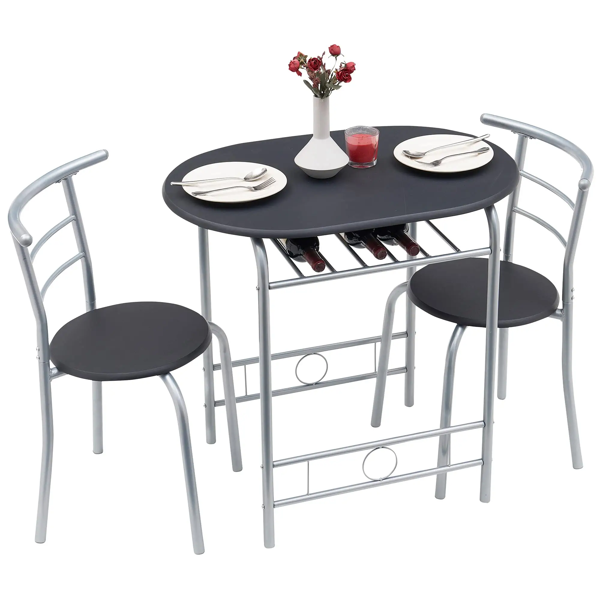 3 Piece Wood Round Table & Chair Set for Dining Room Kitchen Bar Breakfast, with Wine Storage Rack Space Saving, 31.5" Black