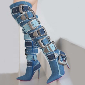 Custom Metal Belt Buckles Women Over Knee High Boots Slim Heels Denim Long Booties Sexy Punk Blue Stiletto Dress <b>Shoes</b> - Product Image 1
