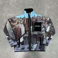 Veste Homme Style Urbain Boutonnée et Zippée, Double Usage, avec Imprimé Architecture Urbaine, Patchwork en Polaire et Broderie
