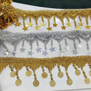 ZSY DIY Tissu en dentelle à paillettes au crochet, motif pièce de monnaie, non extensible, 100% Polyester, 45mm, avec bordure tressée or et argent et pompon cloche découpé au laser - Product Image 3