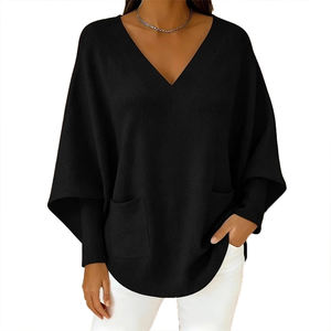 Autumn Winter New Style <b>Loose</b> <b>Sweater</b> Lazy Style Pocket Women's Knitwear Batwing Sleeve Solid Color V-Neck <b>Sweater</b> Women - Product Image 2