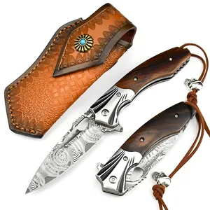 Collection gift knife High-end Handmade 227Layers Damascus Pocket Knives wood Handle durable Leather case tactical Folding Knife
