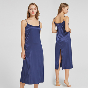 Su misura 22mm seta elasticizzata raso lunga camicia da notte per le donne Sexy a girocollo tinta tinta unita notte - Product Image 3