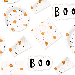 DAMAI Customized Dinnerware Set Serves 10 Guests Party Cute Halloween Boo and Pumpkin Tableware Set Paper Plates Cups Napkin - Product Image 1