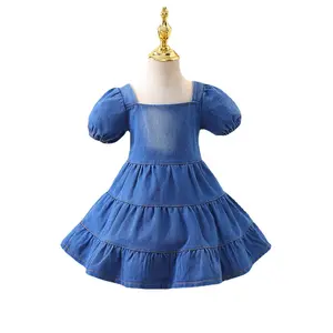 Hongbo 2023 Solid Color Ruffles Zipper Skirt Little Girls Clothes Denim Dress Summer Jeans Blue Baby Kids Dress