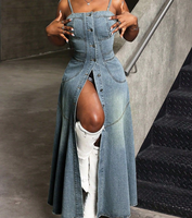 Robe Mi-Longue en Jean pour Femme, Boutonnée, à Bretelles, Style Tendance et Élégant