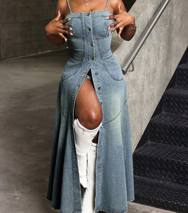 <span class=keywords><strong>Robe</strong></span> Mi-Longue en Jean pour <span class=keywords><strong>Femme</strong></span>, Boutonnée, à Bretelles, Style Tendance et Élégant - Product Image 5