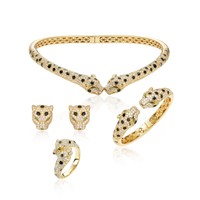 Parure de bijoux léopard vert émeraude vintage en laiton plaqué or avec zircone CZ, comprenant bracelet, bague et boucles d'oreilles