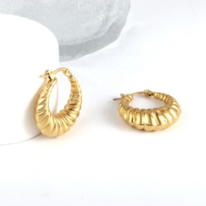 18k <b>Gold</b> <b>Plated</b> Stainless Steel Croissant Thread Pattern <b>Hoop</b> <b>Earrings</b> Geometric Jewelry Contour Huggie <b>Earrings</b> for Women - Product Image 3