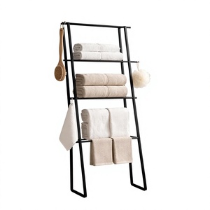 Modern <b>Black</b> Metal Towel Rack Single Standing <b>Bathroom</b> Storage Organizer Multifunction Space Saving Minimalist Design Towels - Product Image 1