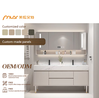Ensemble de meuble-lavabo de salle de bain autoportant, style crème, en bois massif, avec double vasque intégrée en dalle de pierre multicouche, design minimaliste moderne