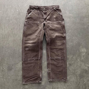TOPSHOW <span class=keywords><strong>Pantalon</strong></span> de travail en toile vintage déchiré à double genouillère pour homme, style streetwear, en jean délavé, coupe cargo de charpentier - Product Image 1
