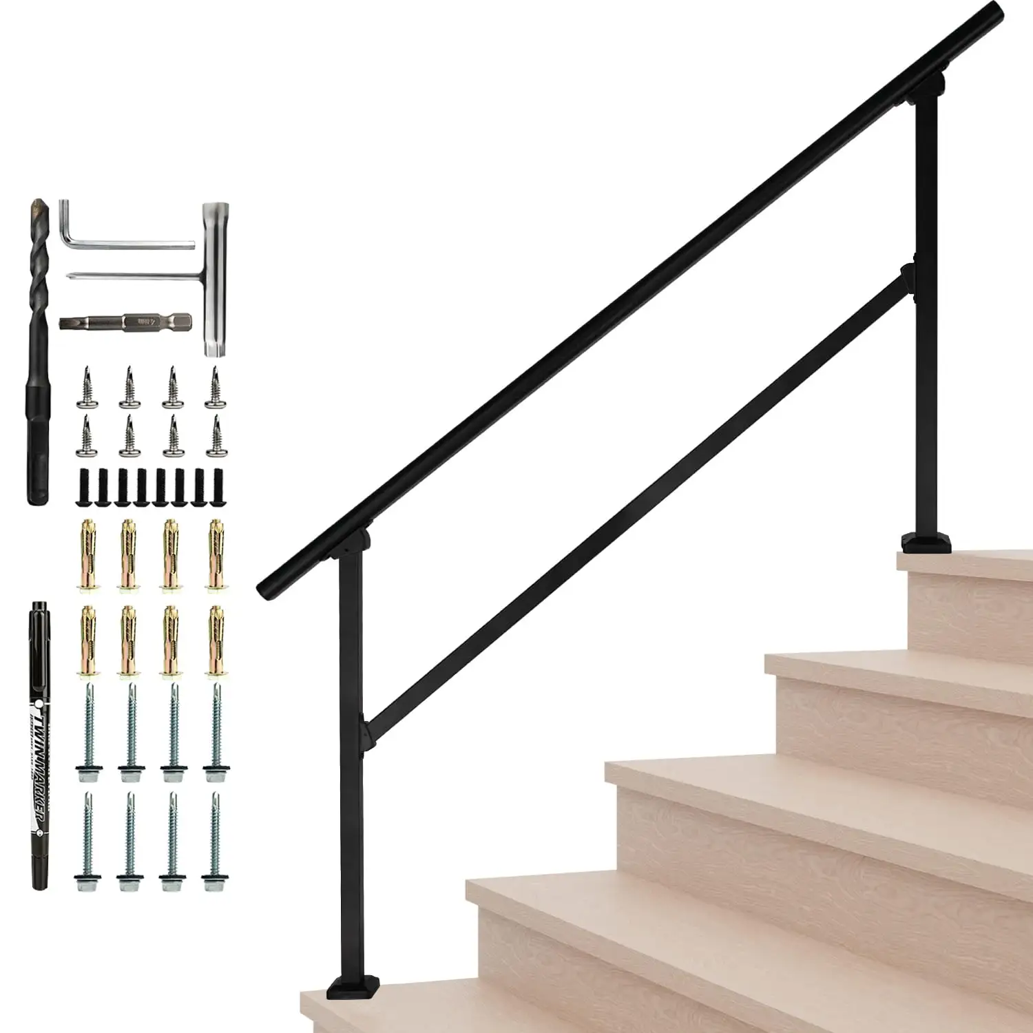 आउटडोर सीढ़ी रेलिंग किट 5 फीट रेलिंग 0-5 चरण बुजुर्ग रेलिंग के लिए समायोज्य कोण काली सीढ़ी हाथ रेल