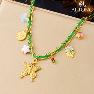 Collar de Acero Inoxidable con Flores Coloridas y Mariposas con Efecto de Goteo de Aceite, Envuelto <span class=keywords><strong>en</strong></span> Cuerda Verde, para <span class=keywords><strong>Vacaciones</strong></span>, Nuevo y <span class=keywords><strong>en</strong></span> Oferta - Product Image 1