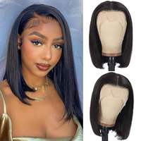 Perruque Lace Front en Cheveux Humains Vierges de 12 Pouces avec Base en Dentelle Transparente, Installation Sans Colle, Style Bob Court, Couleur Naturelle