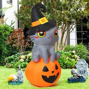 Décorations gonflables personnalisées de 6 pieds pour Halloween, motif chat sorcier assis sur une citrouille, mignonnes, pour extérieur, intérieur, jardin, pelouse, cour, avec éclairage intégré pour fêtes - Product Image 3