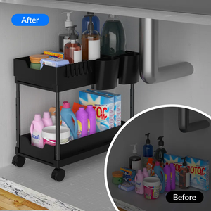 Adjustable Height 2-Tier Kitchen Storage Rack <strong>Pull</strong> <strong>Out</strong> Cabinet Organizer with Sink Hooks Cup Hanging <strong>Shelf</strong> Boxed Packaging - Product Image 4