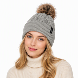 Outdoor Ski Winter Cable Knit <strong>Fleece</strong> <strong>Lined</strong> Faux Fur Pom <strong>Bobble</strong> <strong>Hat</strong> with Custom Label - Product Image 6