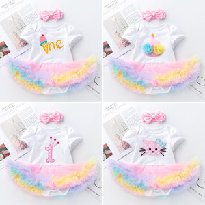 Nuovo Stile Estivo: Tutina in Cotone con Stampa Cartoon per Bambina, Manica Corta, Bianco e Rosa, con Tulle, per Festa del Primo Compleanno, Vendita all'Ingrosso - Product Image 2