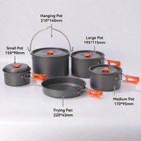 Kit de cuisson 5-en-1 en aluminium anodisé avec casseroles suspendues XL, couvercles en acier inoxydable, personnalisable OEM, pour pique-nique et camping en groupe en extérieur