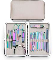 Ensemble de manucure et pédicure en acier inoxydable revêtu de titane arc-en-ciel, 16 pièces, étui portable en PU, coupe-ongles, kit de toilettage pour la maison et les voyages
