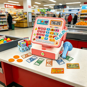 Juego de juguete de caja registradora de simulación con luz, sonido, escáner, calculadora y dinero de juguete, juguete educativo de supermercado para niños - Product Image 6