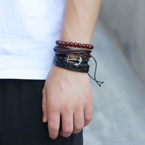 Qinuo Navy Style Cowhide Multi Strap Bracelet Anchor <b>Beaded</b> Jewelry <b>Set</b> For Men - Product Image 1
