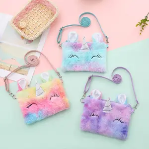 Tas Dompet Koin Unicorn Anak Perempuan, Dompet Lingkaran Bulu Kucing Kartun Lucu, Tas Organizer Earphone Kunci Anak-anak