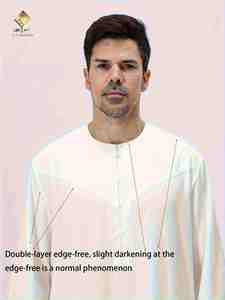 Al Haramain <b>Men's</b> White Cotton <b>Thobe</b> Round Neck Long Sleeve Floor Length Prayer Robe Modest Solid Design Breathable Regular Fit - Product Image 3