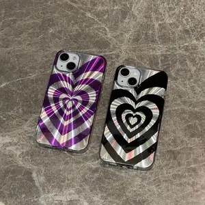 Casing ponsel Aurora hati ungu cantik untuk iPhone 12 13 14 15 Pro Max hitam Love Holographic penutup telepon seluler untuk anak perempuan wanita