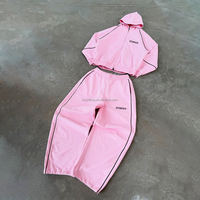 Ensemble de survêtements personnalisés unisexe en coton rose avec sweat à capuche zippé et pantalon de jogging ample à rayures noires – Design de survêtement de sport