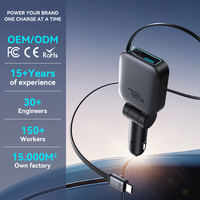 Chargeur de voiture rétractable ultra-plat 72W amélioré avec 1 port USB et 1 port Type-C, charge rapide PD 45W pour téléphone portable et écouteurs