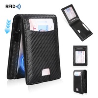 Dompet Kartu Tipis Serat Karbon Pria Mewah, Penjepit Uang Minimalis, Dompet Pintar Pendek Terbuka, Dilengkapi RFID Protector, Motif Garis Polyester