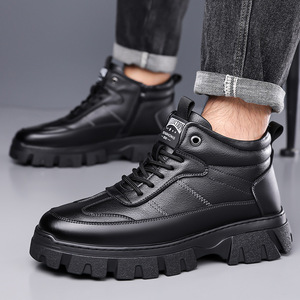 Bottes de neige d'hiver pour hommes, chaussures en cuir chaudes à semelle épaisse doublées de polaire noires pour l'extérieur - Product Image 3