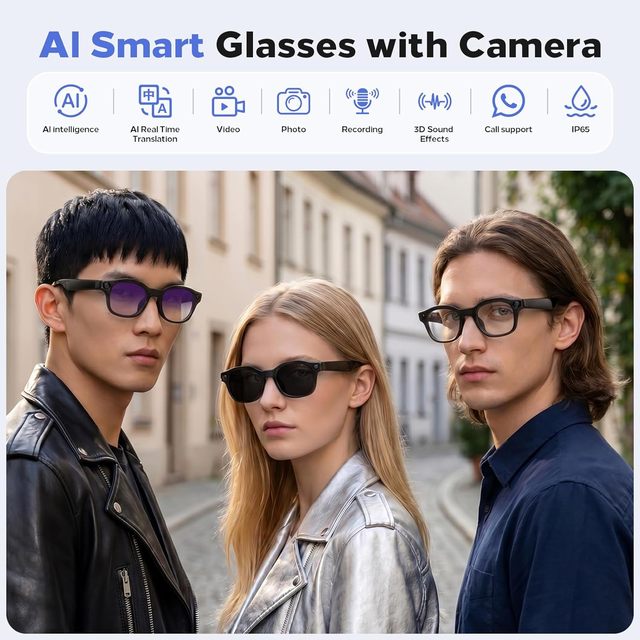 AI Smart Glasses Camera 8MP 4K Video Wireless Charging Touchpad Gestures 290Ah Battery Real-Time Translation Voice Music Player