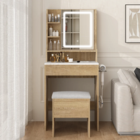 Vente en gros de bureau de maquillage en MDF blanc avec miroir triple éclairé, plateau en verre et 9 tiroirs