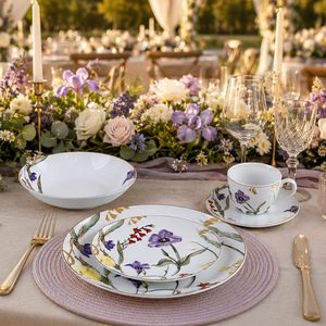 <span class=keywords><strong>Service</strong></span> de vaisselle en <span class=keywords><strong>porcelaine</strong></span> à bordure dorée florale, 8 assiettes, bols, tasses |   Motif végétal, imprimé floral irisé naturel, luxe - Product Image 3
