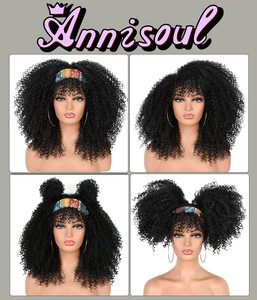 Perruques bouclées FUJAI de 16 pouces pour femmes noires, perruque Afro Bomb avec frange, fibre <span class=keywords><strong>haute</strong></span> <span class=keywords><strong>température</strong></span>, densité 100 %, cheveux bouclés crépus sans colle - Product Image 5
