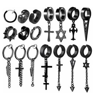 Juego de pendientes con clip, aleación de zinc negra, cruz, estrella de seis puntas, estilo retro punk, joyería de moda para mujer - Product Image 1