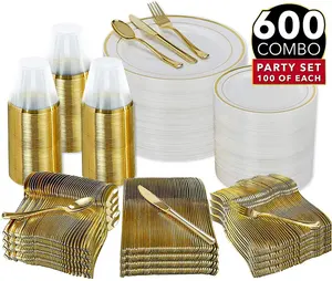 600 pieces gold rimmed disposable plastic dinnerware sets - fork spoon knife cup for weeding party charger plates