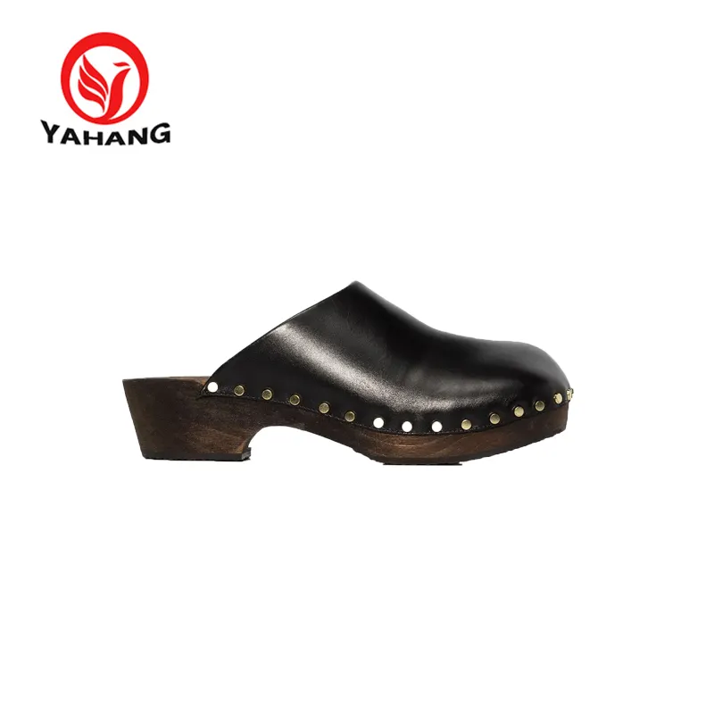 women solid wood sole leather upper clog slip on wedge heel leather shoe