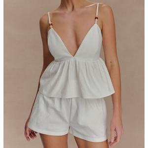 Nouvel Arrivage Ensemble Deux Pièces Personnalisé en Lin d'Été Respirant : Haut Caraco Sans Manches et Short Taille Haute Décontracté - Product Image 1