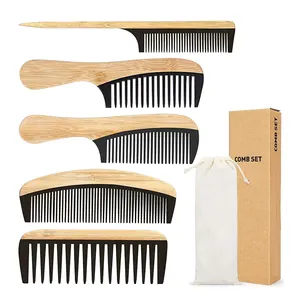 Paquete de logotipo personalizado de 5 piezas kit antiestático belleza madera bambú pelo recto peine conjunto peine para el cabello