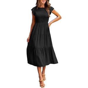 Vestido Boho <span class=keywords><strong>de</strong></span> Cintura Alta con Volantes <span class=keywords><strong>para</strong></span> Mujer, Vestido Midi Fluido con Cuello Redondo <span class=keywords><strong>para</strong></span> Verano, Vestido <span class=keywords><strong>de</strong></span> Playa <span class=keywords><strong>para</strong></span> Vacaciones, Vestido <span class=keywords><strong>de</strong></span> Verano con Mangas con Volantes, Elegante, Blanco - Product Image 2