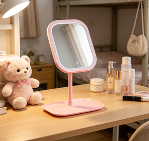 Pink LED Makeup <b>Mirror</b> <b>Desktop</b> Cosmetic Vanity Lighted Folding <b>Mirror</b> Touch Control USB Rechargeable for Travel - Product Image 4