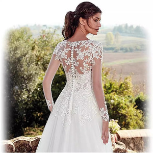 <b>Lace</b> Appliqu Deep V-Neck Long Sleeve A-Line Wedding Dress Pure <b>White</b> Chiffon Natural Waistline Summer Bridal Gown - Product Image 4