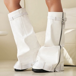 Wide Fit Big Size 48 Women <b>Round</b> <b>Toe</b> Overlay Shoes Lady Lock Shark Booties Cowgirls Zipper Thick Soles Knee High Boots - Product Image 4