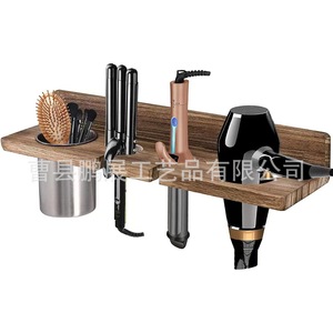 Estante de pared de madera para secador de pelo con organizador de rodillos y peines, color quemado, estante de baño duradero - Product Image 1