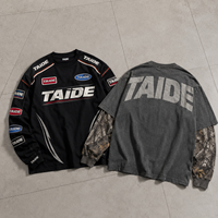 T-shirt à manches longues TaiDe avec logo personnalisé, 280 GSM, manches superposées camouflage, imprimé graphique vintage, coupe ample, usine de vêtements OEM ODM, vente en gros